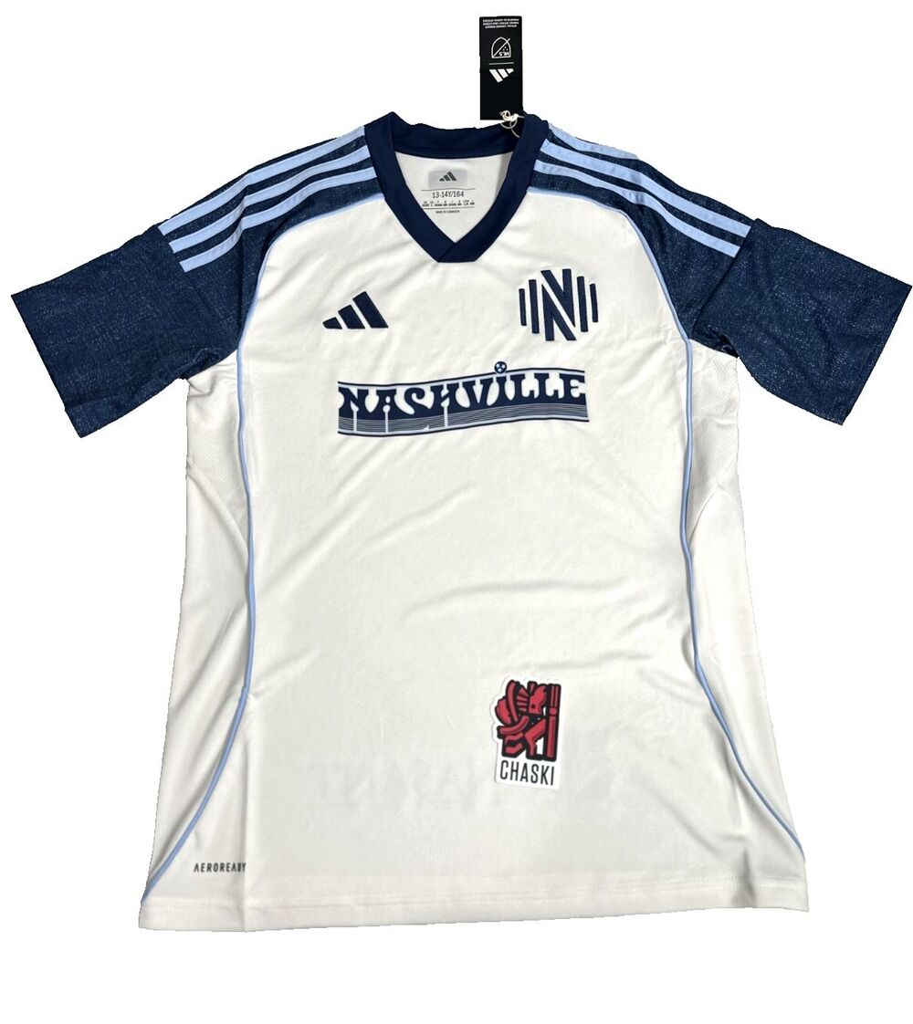 Adidas Nashville SC 25/26 Third Jersey MLS Slim Fit White Blue Kids Large JI7334